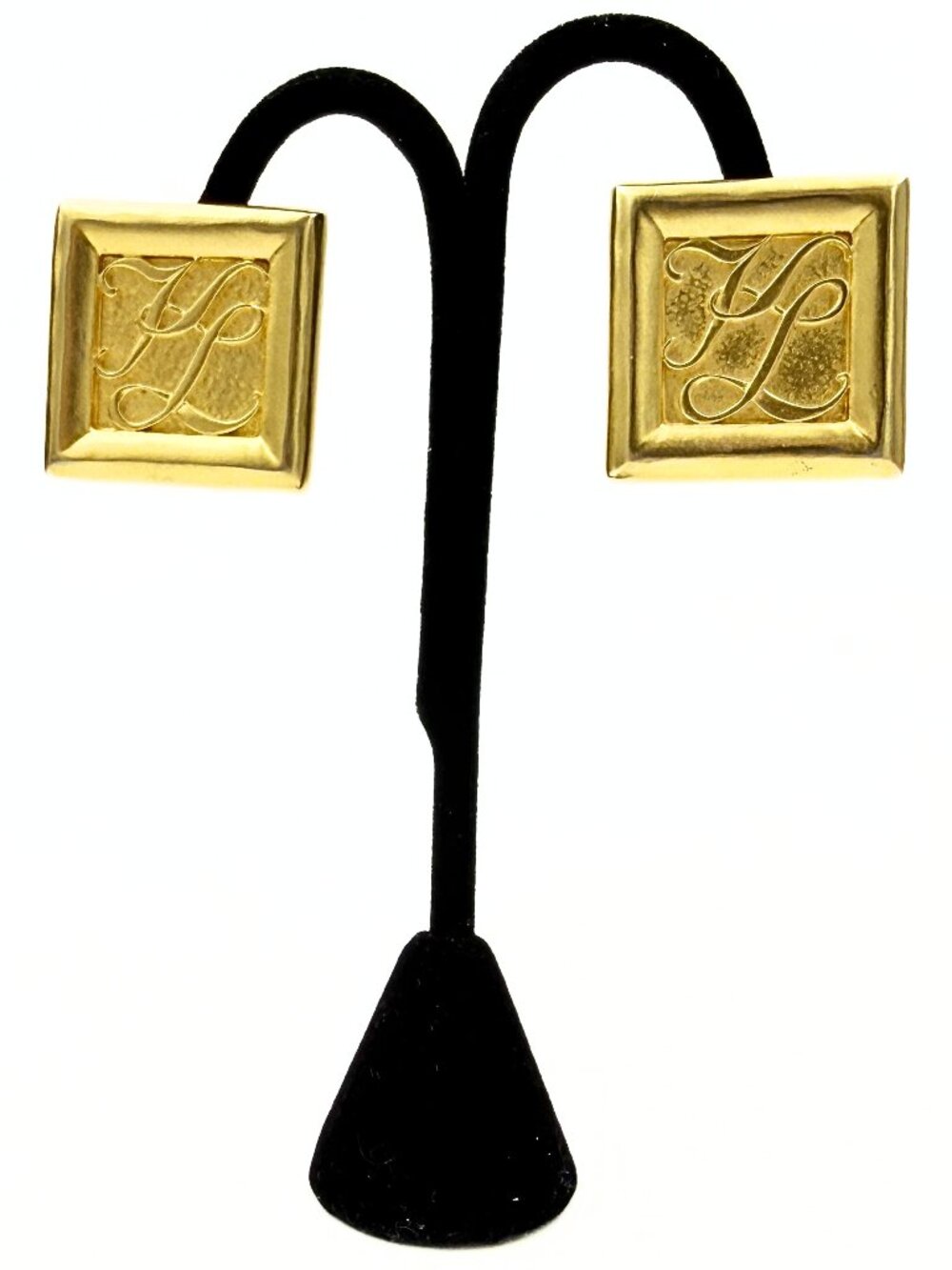 Karl Lagerfeld Runway Couture Textured Square Gold Plated Monogram Clip Earrings